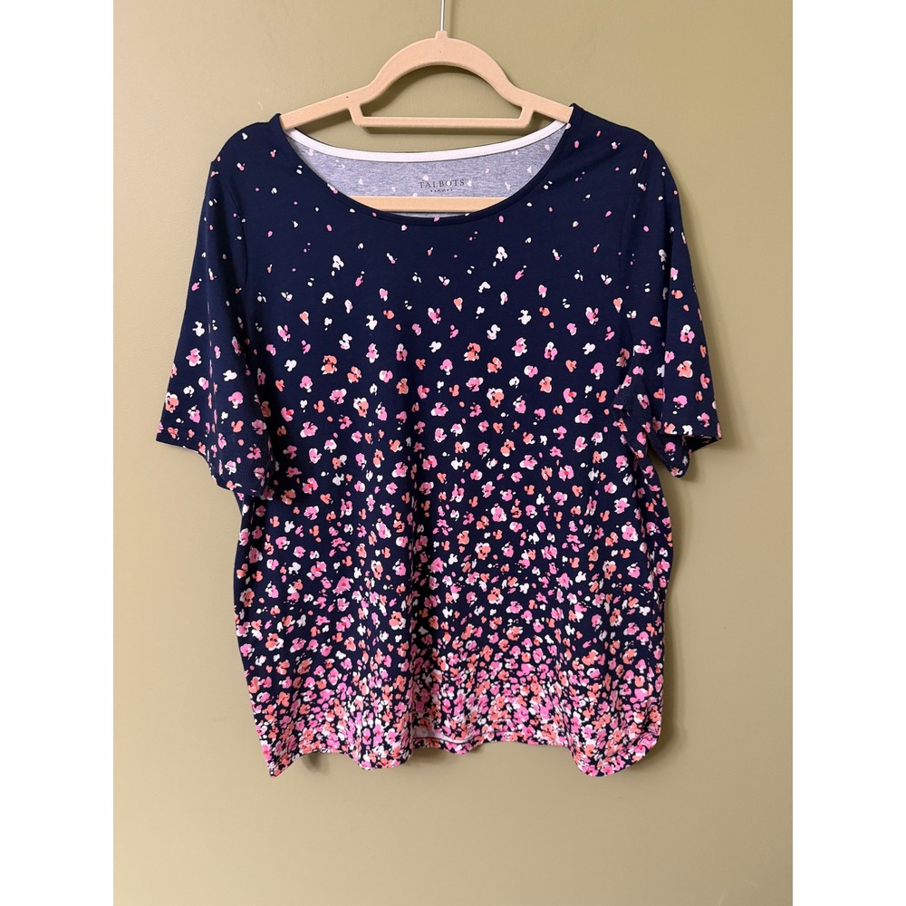 Talbots Plus Womens 1X Navy Blue Pink Floral Confetti Short Sleeve Tee Top